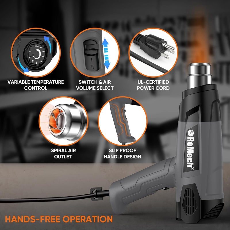 ROMECH 1500W Heavy Duty Heat Gun, Variable Temperature Control Hot Air Gun Kit with 2 Air Flow 120°F~1200°F and 4 Nozzles for Crafts Shrink Wrap (Gray) - Image 4